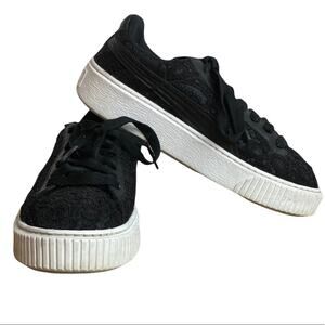Puma Basket Classic Floral Lace Lace Up Platform Sneakers Sz 8 Black